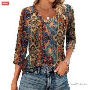3/4 Sleeve V-Neck Tunic Top, Polyester Spandex Blend, Business Casual
